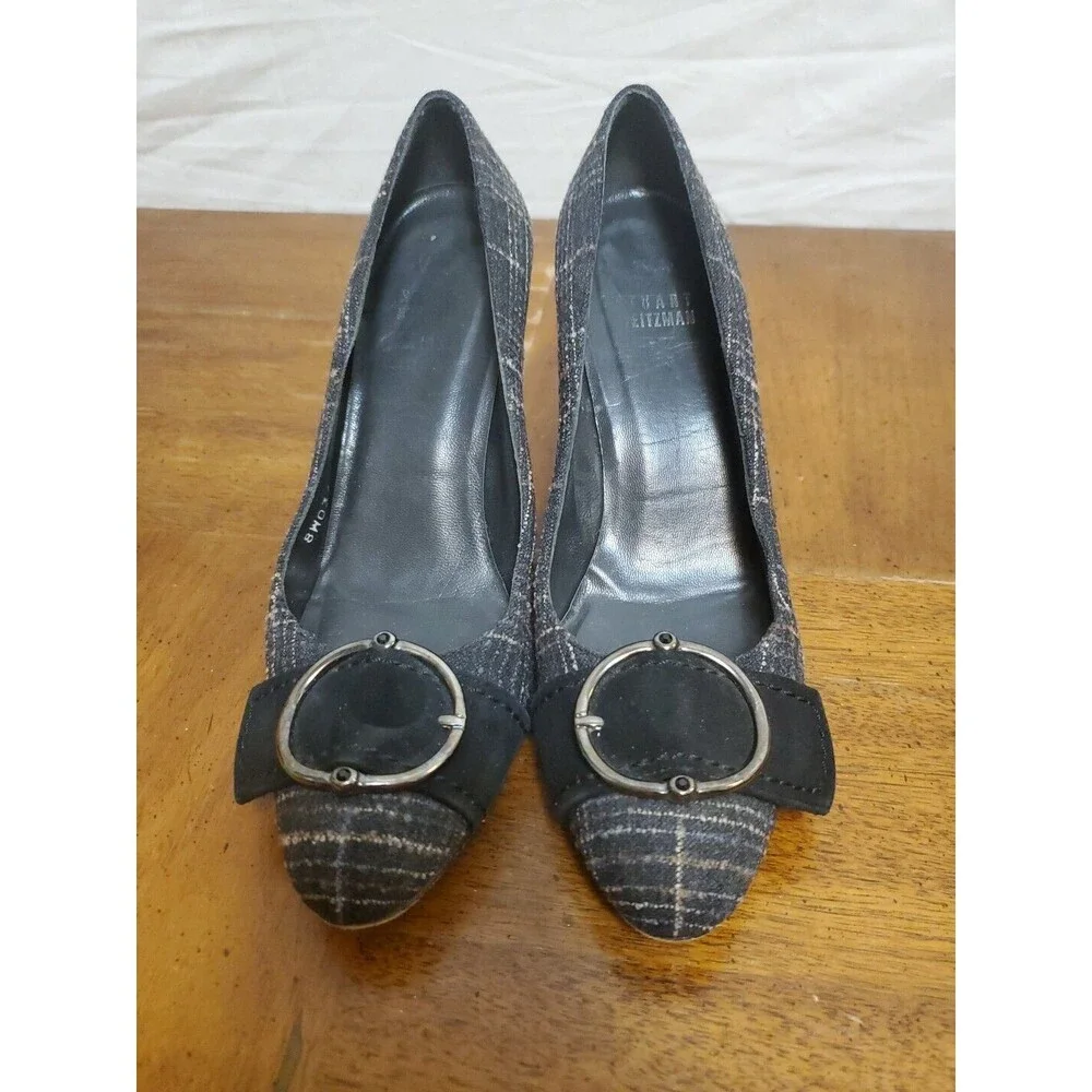 Stuart Weitzman Tattersall Flannel Buckle Up Pumps Shoes Heels Gray Plaid 5.5 M